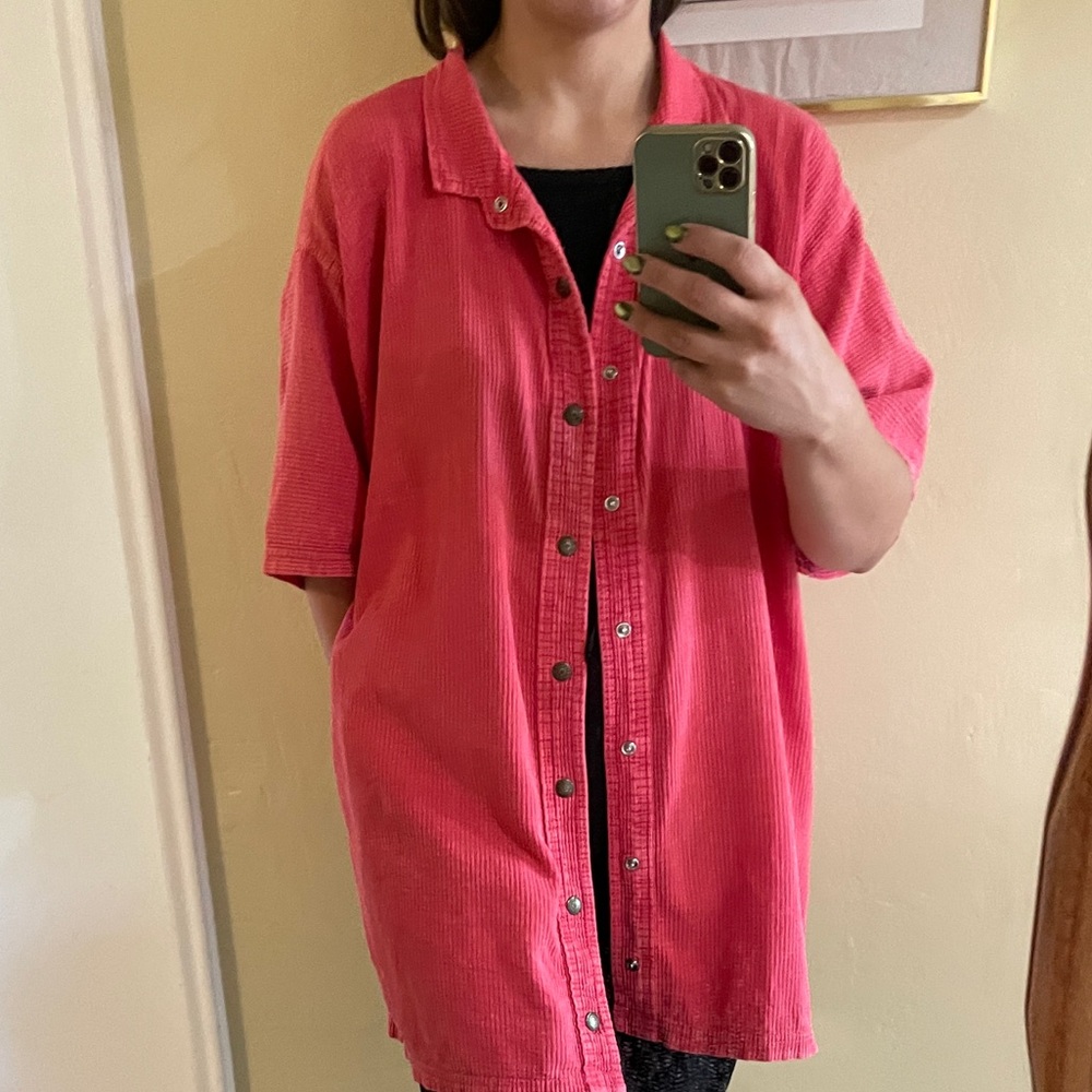 Vintage EZZE Wear Cord Cotton Coral Colour Oversized Snap Up Shirt
